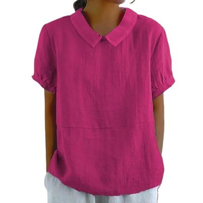 Chemisier décontracté à col Peter Pan pour femme, chemisier d'été ample en coton et lin, couleur unie, manches courtes, chemise respirante décontractée pour dames