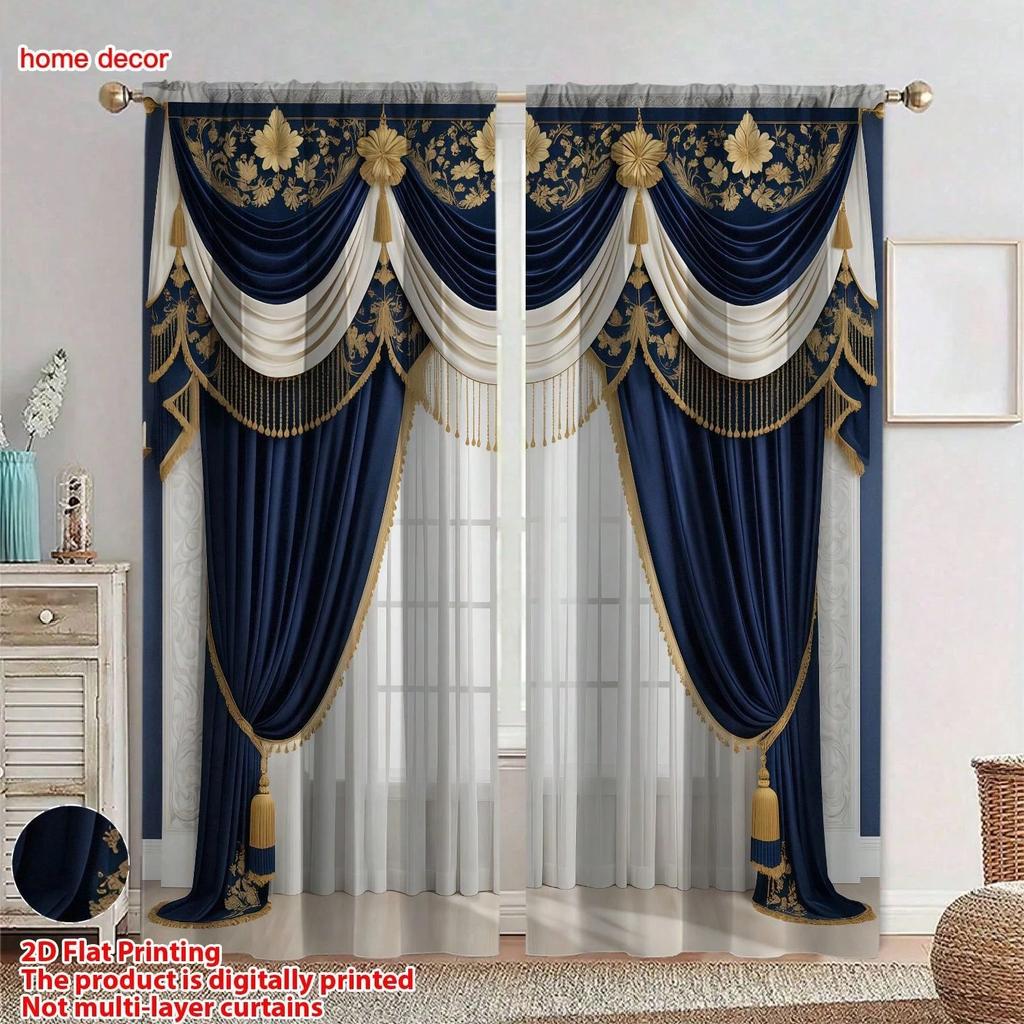 2 Stück Luxus-Stil Halbtransparente Polyester-Vorhänge mit goldener Quastenverzierung, Marineblaues Satin, Exquisite Schnitzerei für reichen Fall