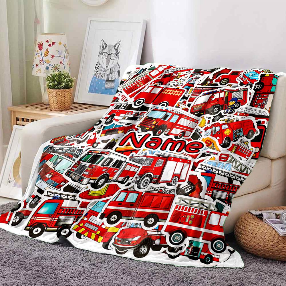 Custom Name fire truck Theme Printed Blanket - Perfect for Couch, Bed, Travel & Outdoor Use | Machine Washable, Cozy & Durable.