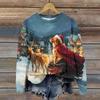Damemote juletrykt langermet løs sweatshirt med rund hals