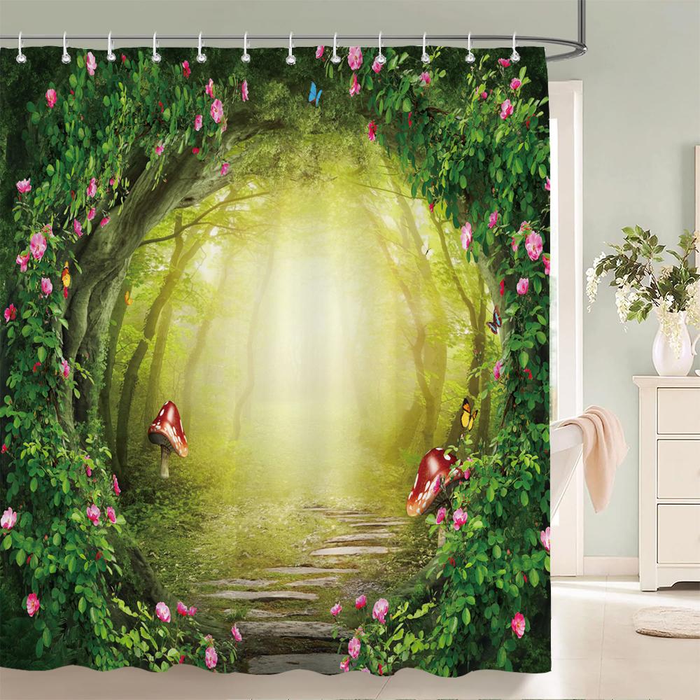 3D Fantasy Waldlandschaft bedruckter Duschvorhang wasserdichter Polyester-Badevorhang Badezimmerdekoration mit Haken Vorhang
