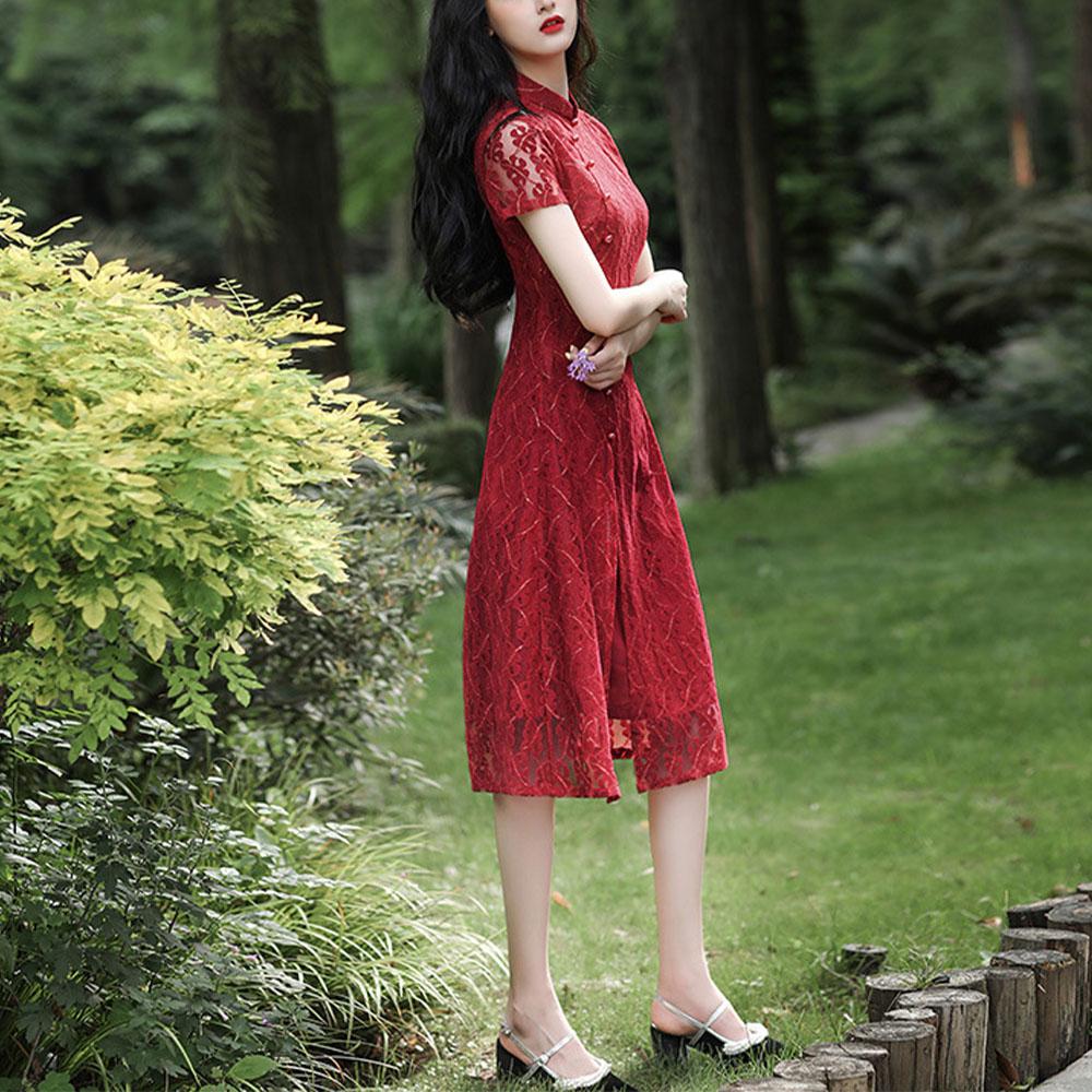 Krajka Středně dlouhá Denní Cheongsam Upravený Nízký výstřih Slim Fit Velká čínská velikost Šaty Ao Dai