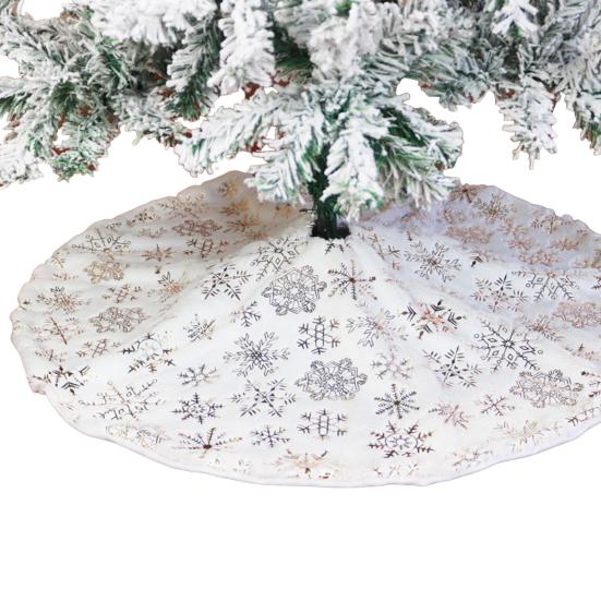 35 Inch Christmas Tree Skirt Gold Sequin Feather Snowflake Pattern White Faux Fur Tree Skirt Fluffy Plush Tree Base Mat for Holiday Home Decor