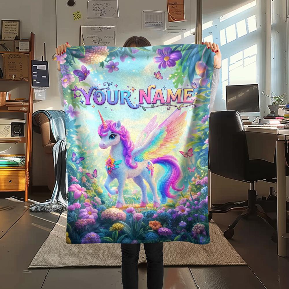 1PC Custom Name Unicorn Fantasy Garden Patterned Flannel Blanket Suitable For All Seasons for Home Decor Warmth and Comfort Gifts Holiday Present_lx