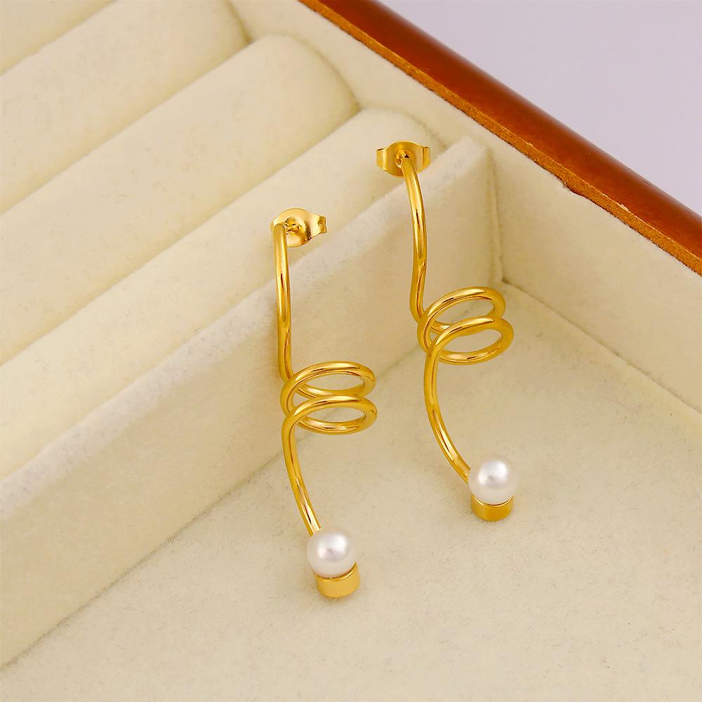 Fashionable Threaded Stainless Steel Pearl Earrings - Simple European & American Style