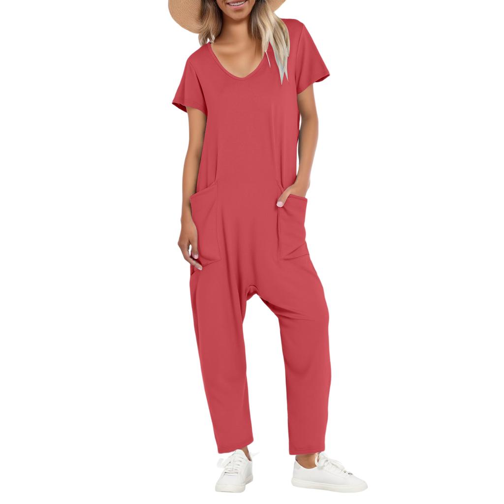 Women's Casual Short Sleeve High Waist Pockets V Neck Loose Jumpsuits Long Pants Wide Rompers