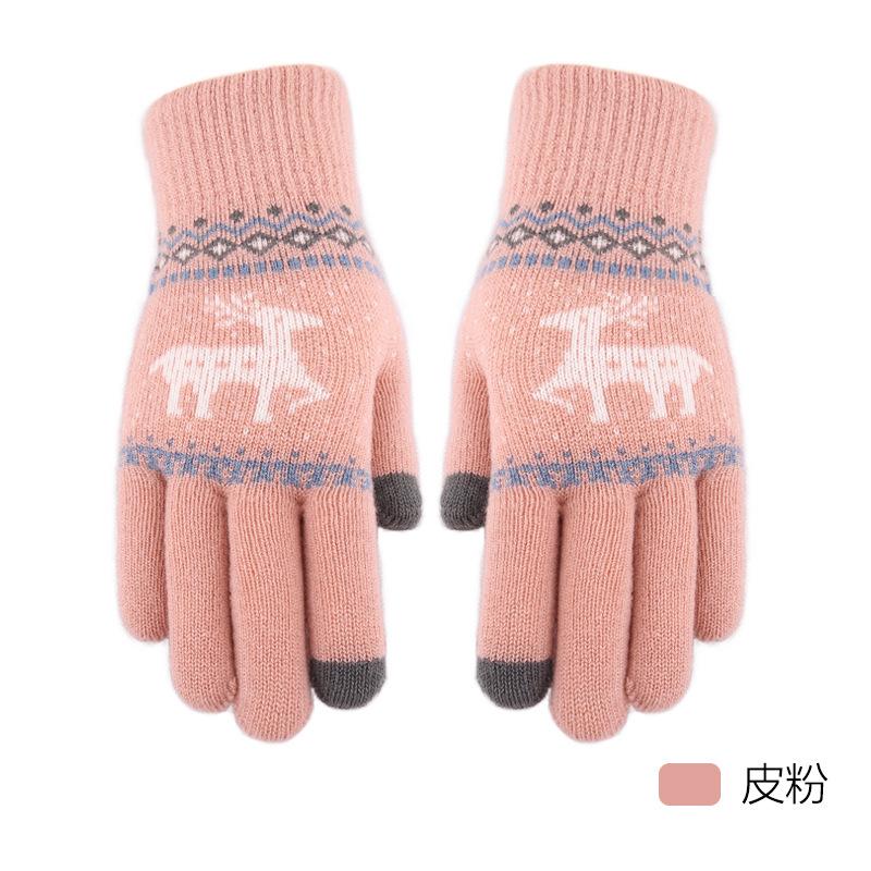 New Jacquard Double-layer Deer Touch Screen Gloves Autumn and Winter Women's Fleece Thickened Warm Wool Gloves