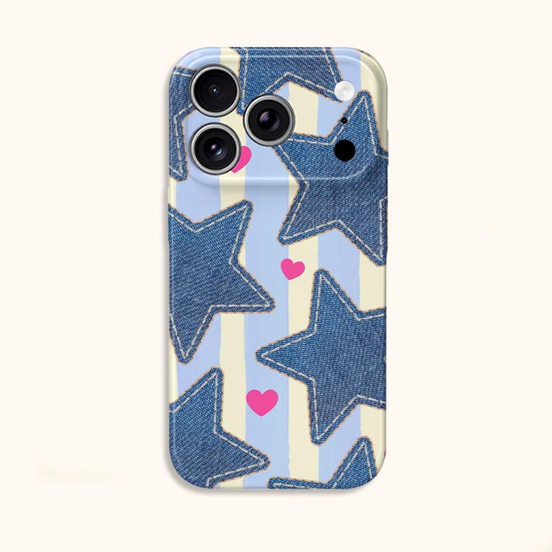 Cute Denim Jean Star Heart Striped Pattern Art Film Aesthetic Protective Shockproof Bumper Phone Case Cover For iPhone 14 15 16 Pro Max Plus