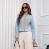Womens Short Denim Jacket Half Turtleneck Button Detail Street Style Fashion Top