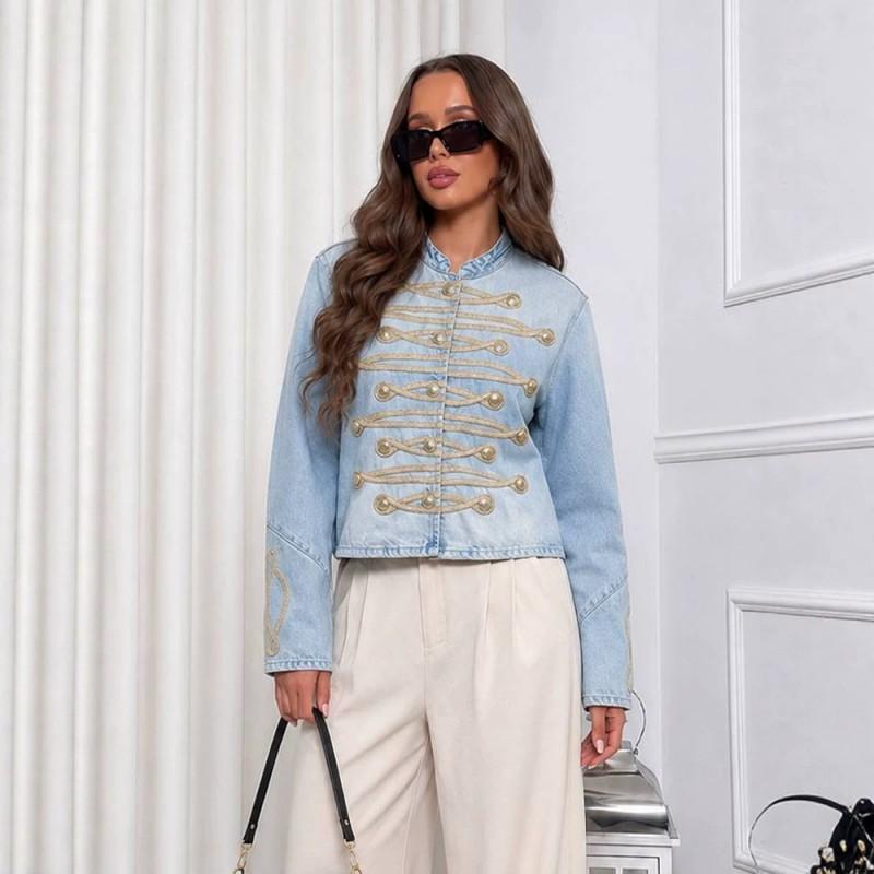 Womens Short Denim Jacket Half Turtleneck Button Detail Street Style Fashion Top