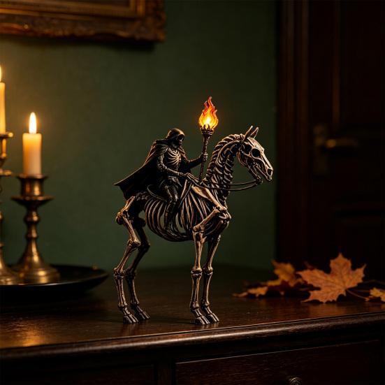 Unique Holiday Desk Ornament Lighted Headless Horseman Resin Figurine, Gothic Halloween Statue with LED Warm Glow, Hooded Style Home Accessory