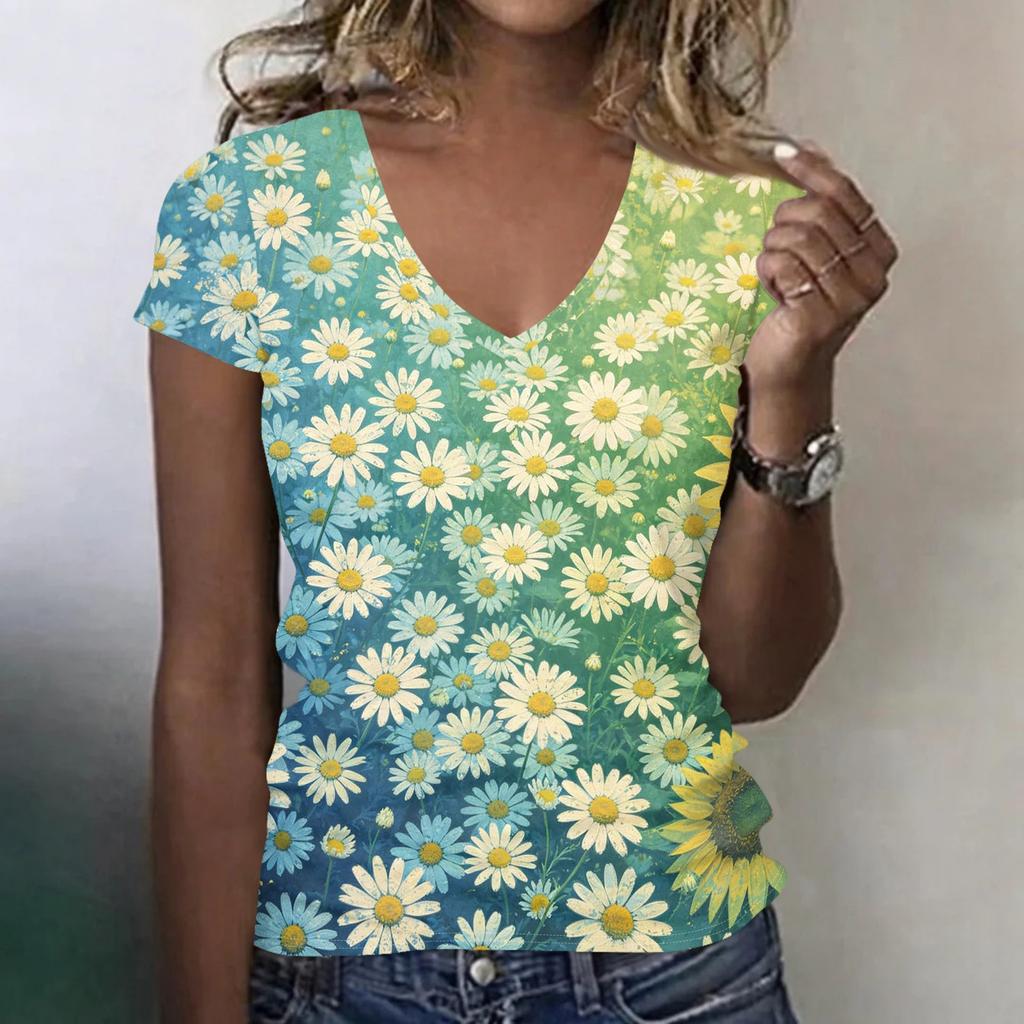Women Casual V Neck Short Sleeve Floral Print T Shirt Lightweight Soft Fabric Comfortable Fit Summer Top