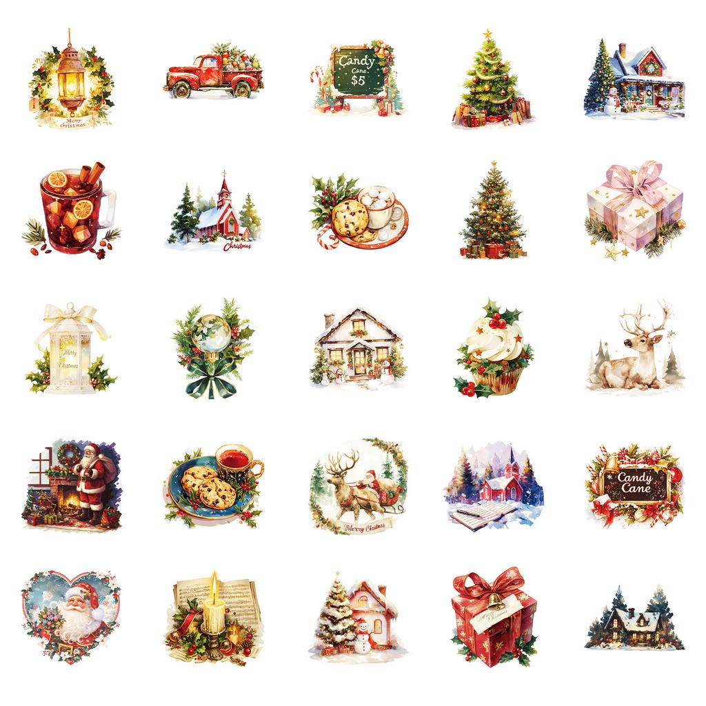50 PCS Vintage Christmas Stickers - Cozy Holiday Decals for Journals, Luggage, Gifts