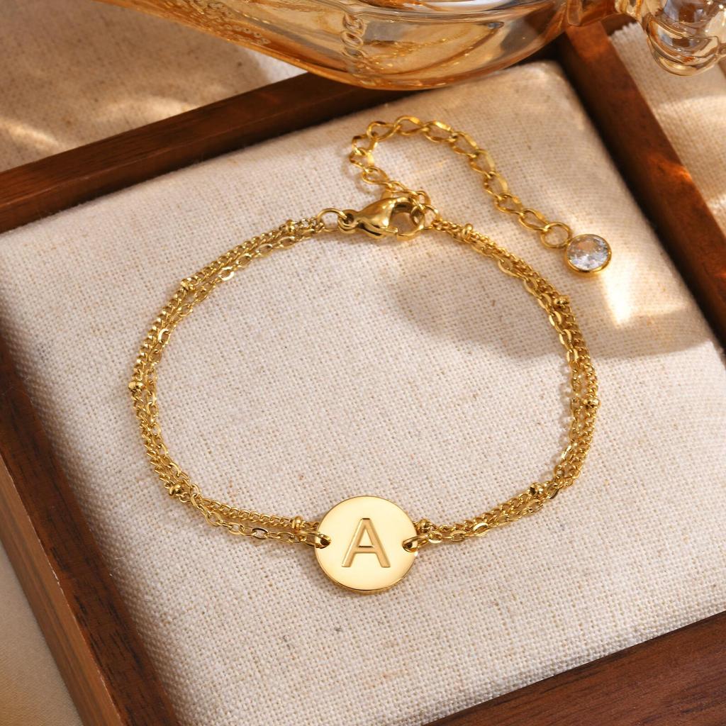 Vnox Dainty Initial Coin Bracelets, Womens Layerd A-Z Letters Monogram Bracelet, Stacked Stainless Steel Link Chain Bracelets