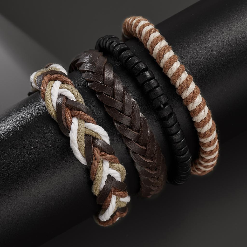 Handmade Vintage Multilayer Men Leaf Leather Bracelet Braided Star Knot Leaf Rope Wood Beads Wrap Bracelets & Bangles Male Gift