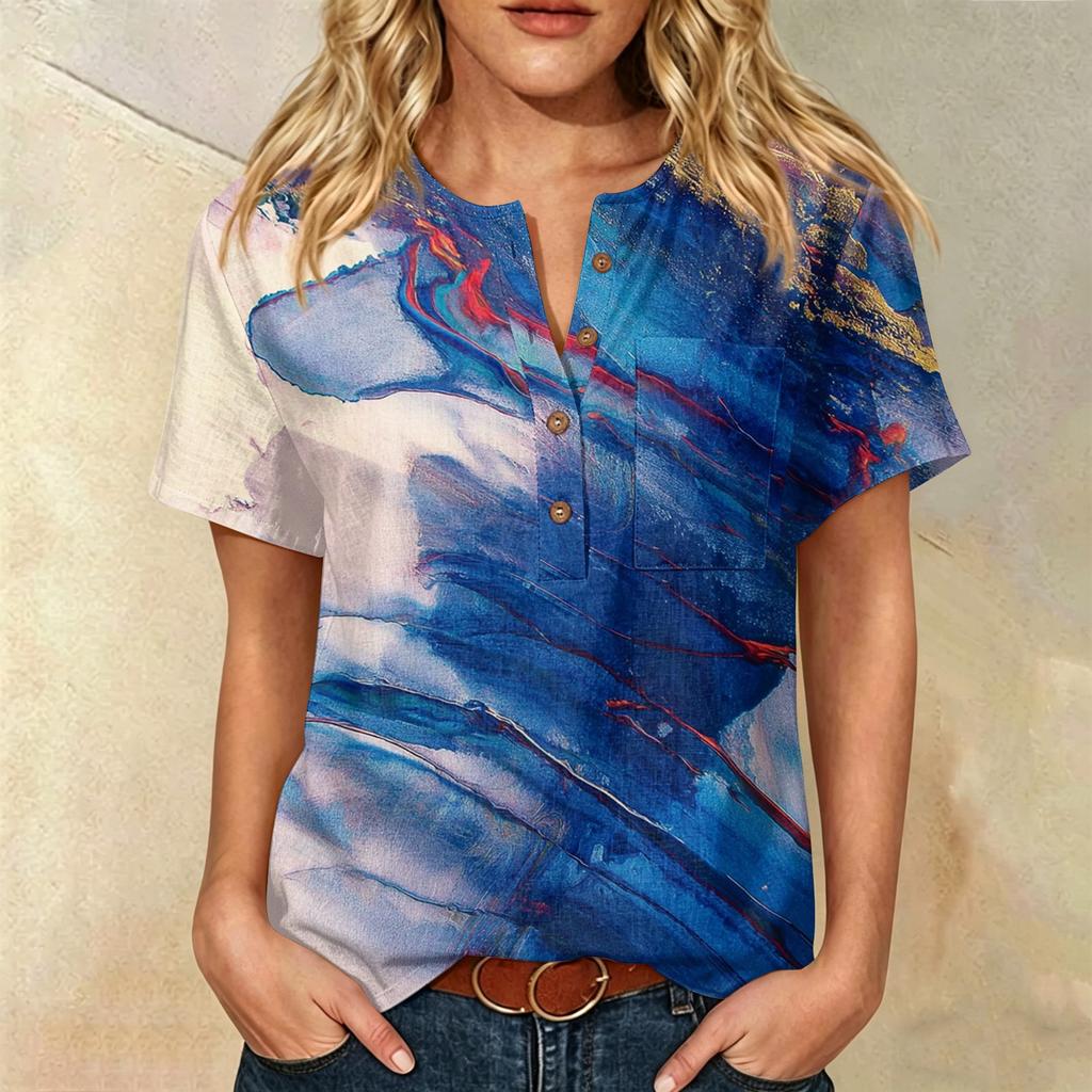 Women Casual Printed Henley Neck Button Front Pocket Short Sleeve Linen Cotton Shirt Blouse Top for Summer