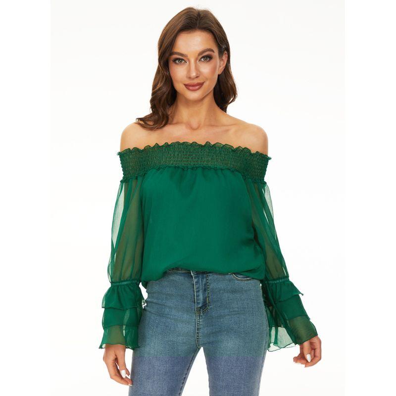 2022 New One Word Neck Casual Long Sleeve Chiffon Shirt Top