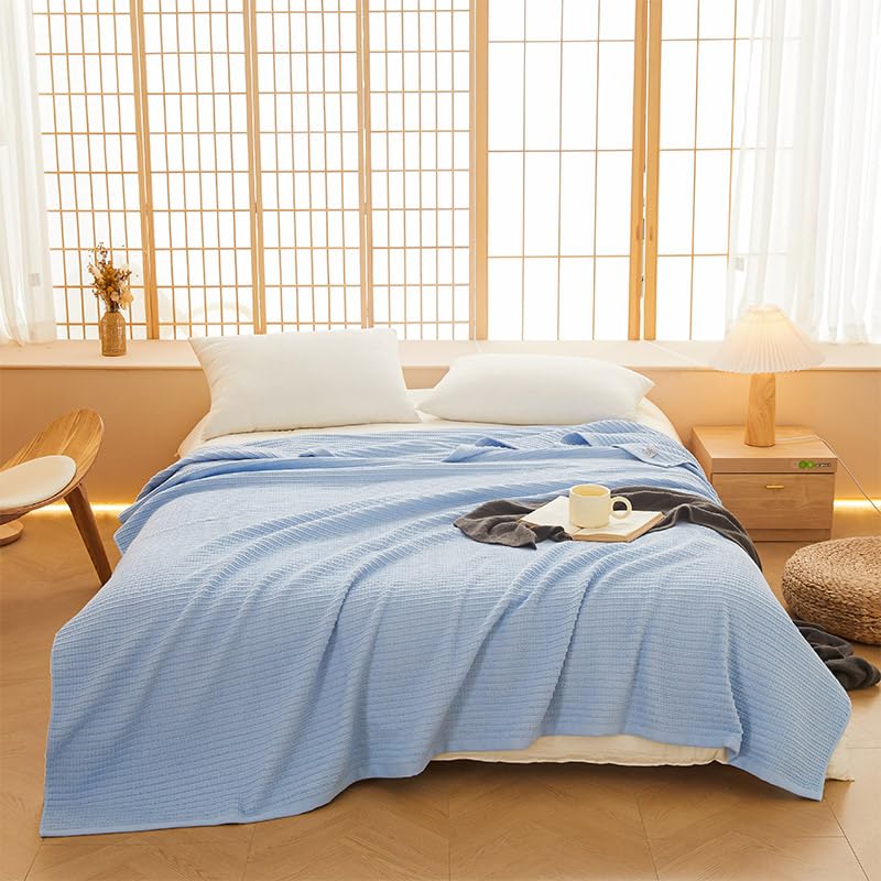 songlibin Waffle Towel Skin Summer Air Conditioning Knee Light Blue Blanket, Semi-Double, Blanket, Large, Summer, 100% Cotton, Washable, Blanket,
