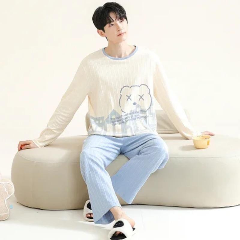 Cartoon Pajamas Men's Cotton Long-sleeved Spring and Autumn Men's Teen Homewear 2-Piece Pajamas Set Homewear Pijama Hombre