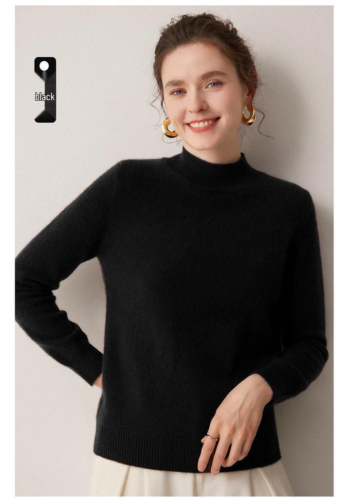 Women's 100% Cashmere Thickened Long Sleeve Sweater - Half-High Neck, Versatile Knit Base Layer for Autumn/Winter