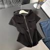 Hooded Shoulder Short Sleeve T-Shirt Women's Summer Large Size Slim Skinny Chic Belly Cover Zipper Sweater Jacket Trendy Fitted Hooded Zip-up Top