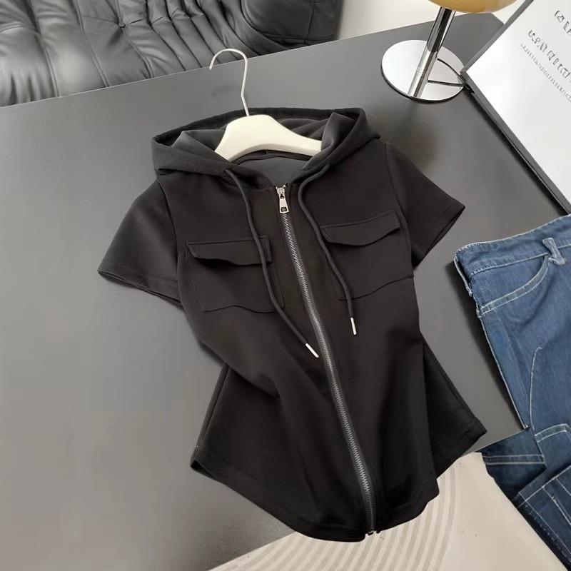 Hooded Shoulder Short Sleeve T-Shirt Women's Summer Large Size Slim Skinny Chic Belly Cover Zipper Sweater Jacket Trendy Fitted Hooded Zip-up Top