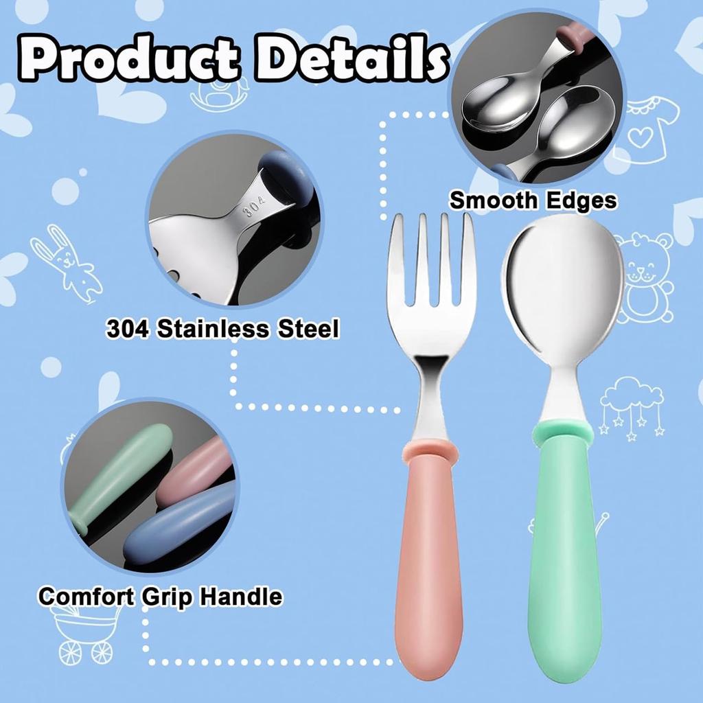 6-Piece Kids Fork and Spoon Set BPA-Free Silicone Stainless Steel Soft Handle Smooth Edges Multicolor 12.5x2.5cm Axroad Mall