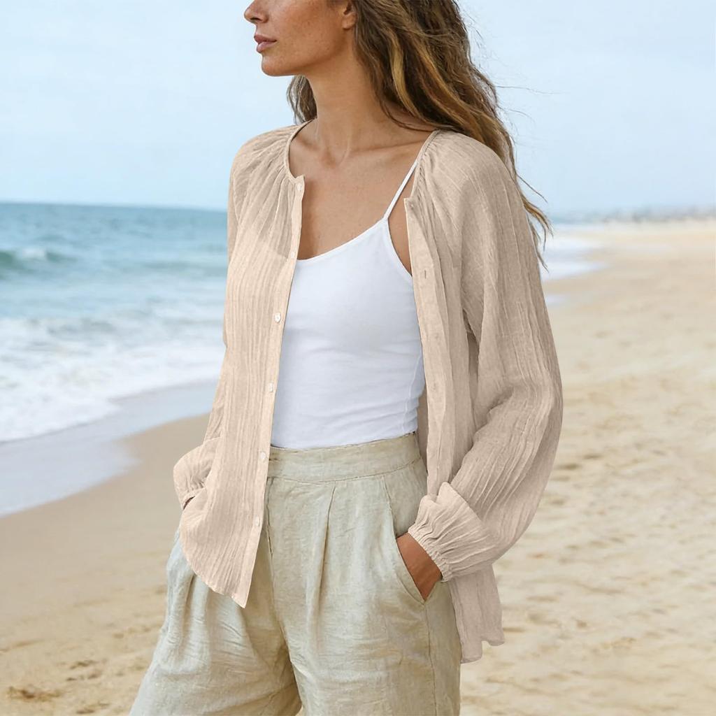 Women’s Long Sleeve Loose Fit Button Down Blouse Lightweight Pleated Top Casual Shirt for Daily Wear