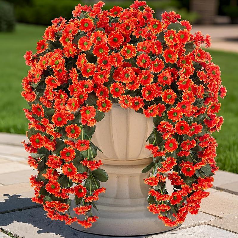 Artificial Fall Hanging Flowers Plants for Decoration 2 PCS Silk Fake Faux Mums for Outdoor Planters Long Vines Stems Bouquet Daisy UV Resistant for