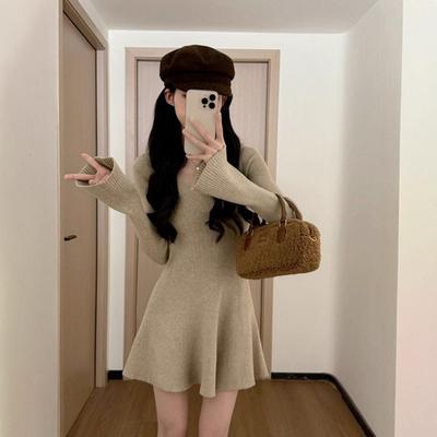 Autumn Winter V-neck Elegant Fashion Knitting Mini Dress Women Long Sleeve All-match Bottomed Robe Vestidos