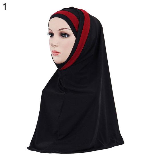 Women Color Block Muslim Soft Hijab Wrap Polyester Islamic Scarf Cap Headwear