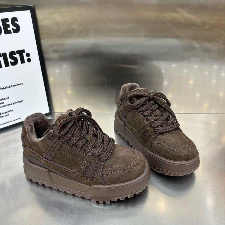 European Station 2025 Winter New Leather Velvet Thick-soled Heightening Muffin Shoes Versatile Casual Board Shoes Bread Shoes Women