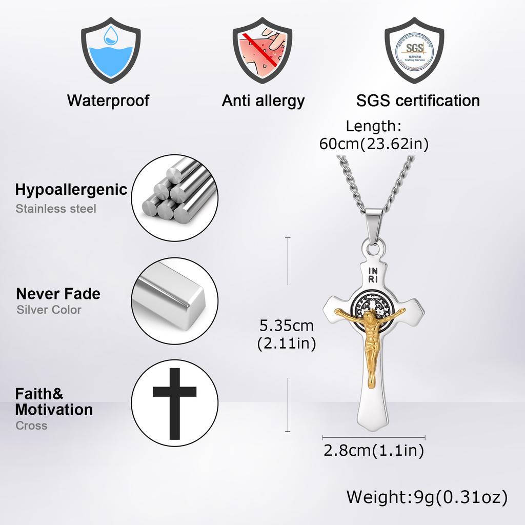 Vnox Saint Benedict Catholic Cross Pendant Necklace for Men Women, 50/60/70cm Stainless Steel Link Chain, Religious Jewelry Gift