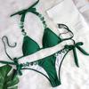 2Pcs/Set Split Bikini Rhinestones Metal Chain Sexy Adjustable Pure Color Swimwear for Swimming