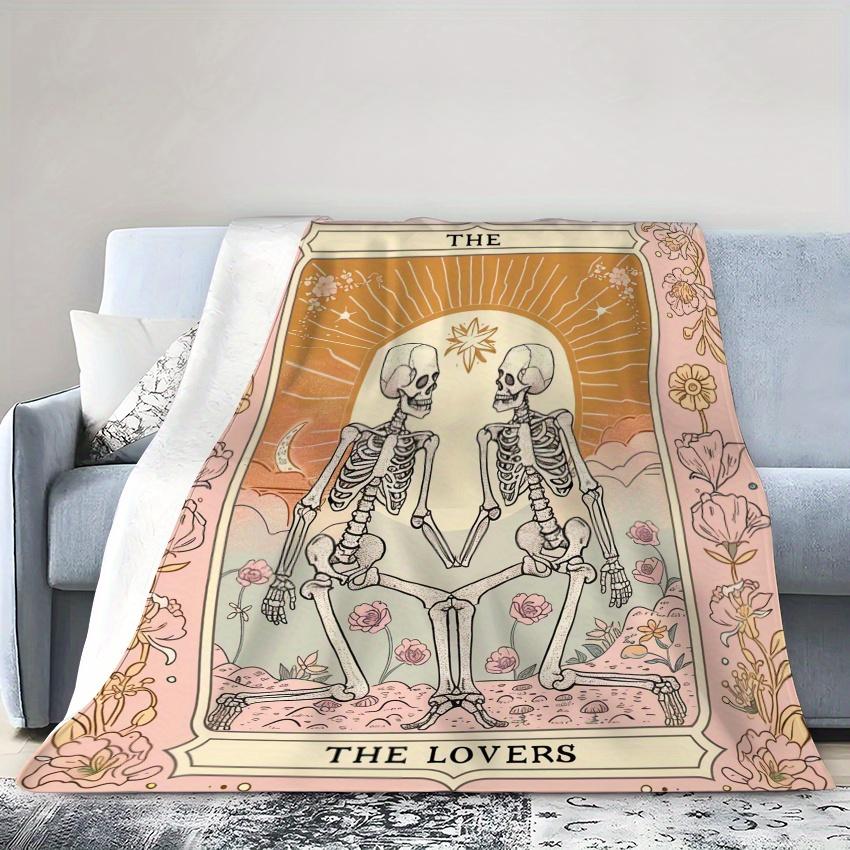Vintage Tarotkarte „Die Liebenden“ Skelett-Design Flanell-Kuscheldecke, 100% Polyester Gestrickt Weich Gemütlich Warm Kunst-Decke