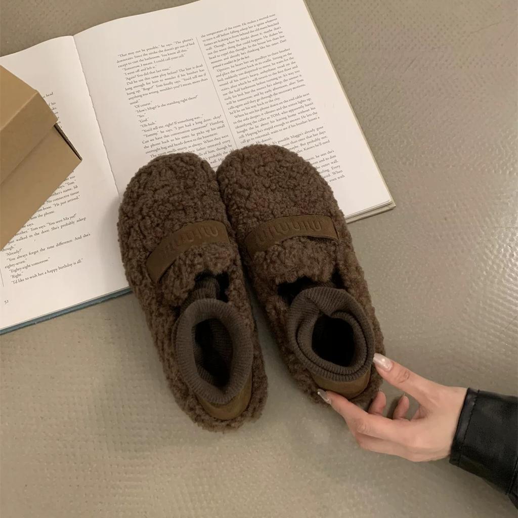 Moda AJGS Metal Tokalı Kemer Peluş Babetler Sıcak Pamuklu Loaferlar Kıvırcık Koyun Kürkü Mary Janeler Kışlık Ayakkabılar Kadın 2024 Lüks Tasarımcı Ayakkabıları