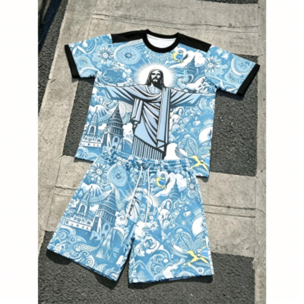 Fashion JESUS Printing Outdoor Street Men's T-shirt and Shorts 2 Piece Set Summer Casual Outfit Men's and Women's Sports Set