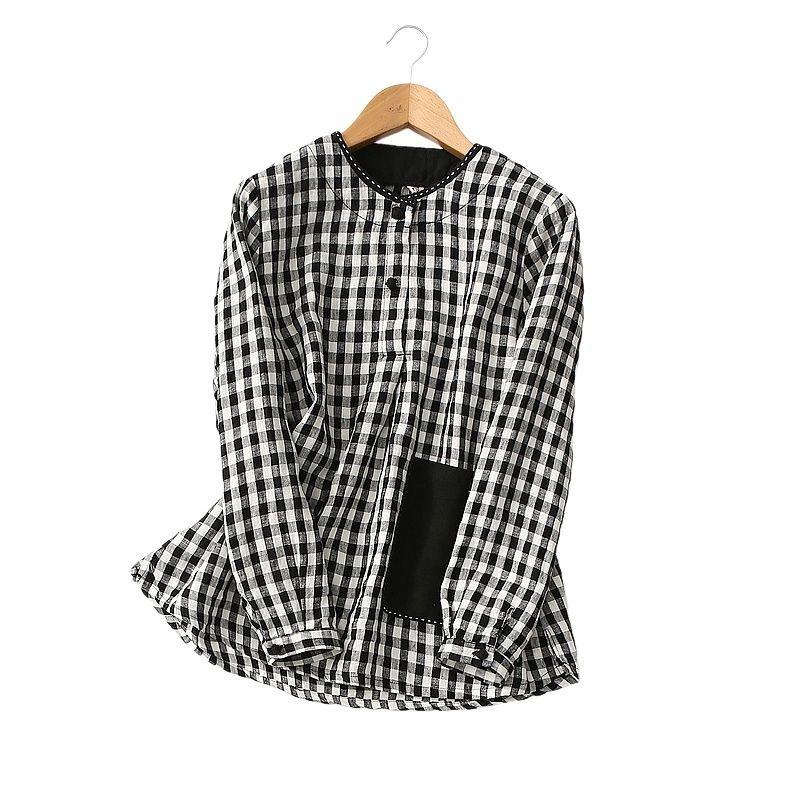 Brick Cabinet! Artistic Style Loose Cotton Linen Plaid Blouse Women's Long-Sleeved Pocket Patchwork Chinese Button Knots Pullover Shirt