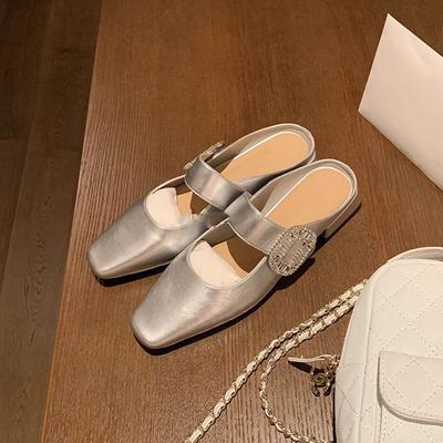 Slippers Women Summer Shoes Pantofle Slides Low Square Toe 2025 Soft Hoof Heels PU Fabric Silk Rubber Shoes Square Toe Slippers
