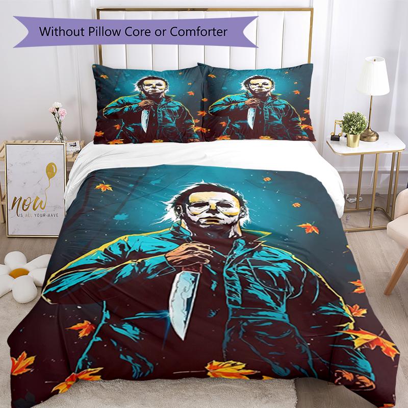3pcs Michael Myers pattern bedding set duvet cover set includes duvet cover &pillowcases, perfect all season bedroom decoration & gift