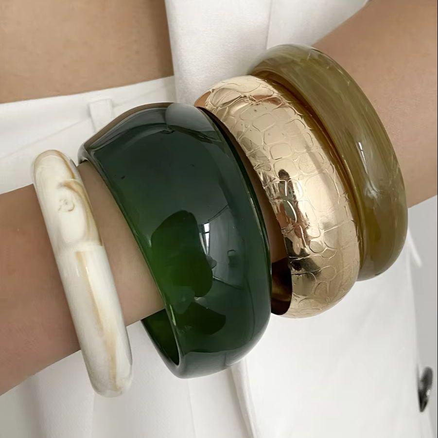 Ingemark Trendy Vintage Green Resin Thick Chunky Bangles for Women 2025 New Exquisite Stacking Up Bracelet Daily Party Jewelry