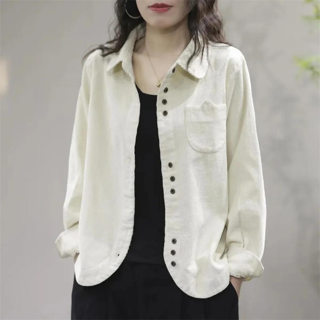 Spring Autumn New Shirt Fashion Art Leisure Long Sleeve Lapel Collar Corduroy Women's Shirt Cardigan Female Short Tops