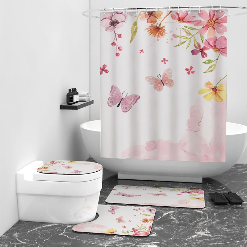 Small Fresh Plant Floral Pattern Digital Printing Shower Curtain, Shower Curtain Floormat40x60cm