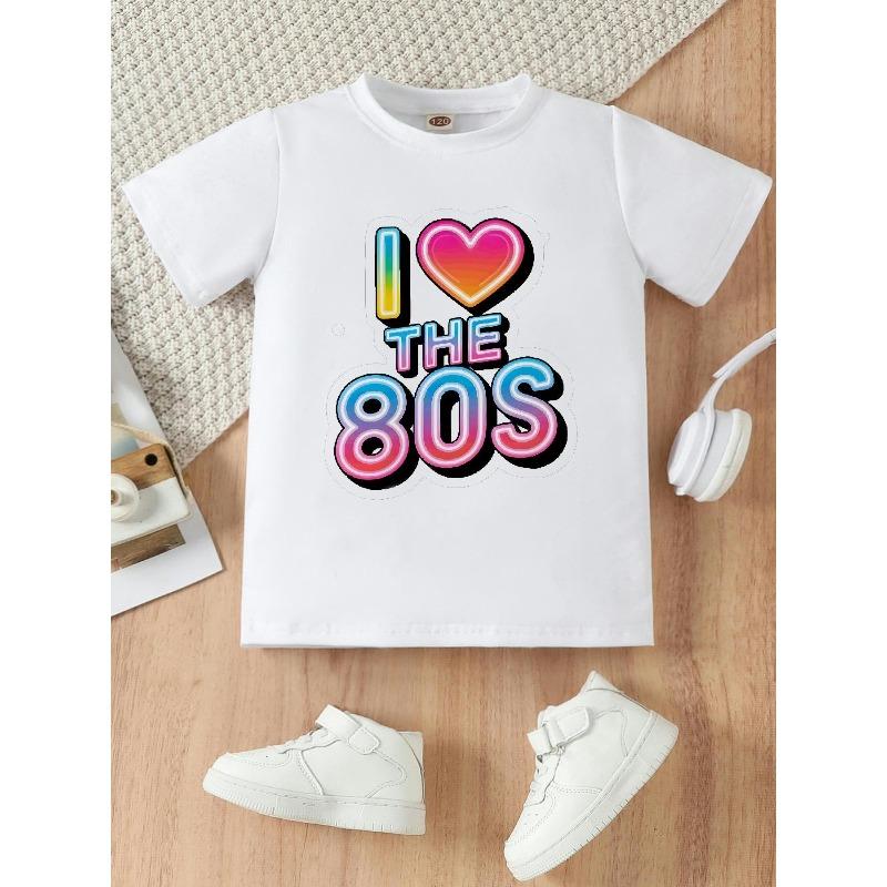 European size Girls round-neck short-sleeved T-shirt with 80s pattern print