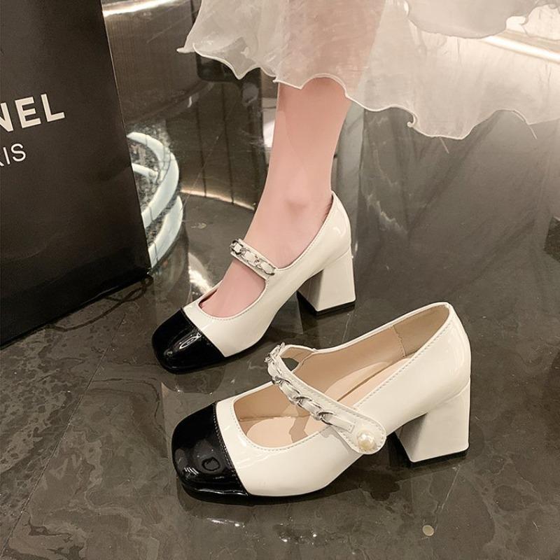 Mary Jane black and white color matching single shoes women's spring new chain square head single shoes with high heels