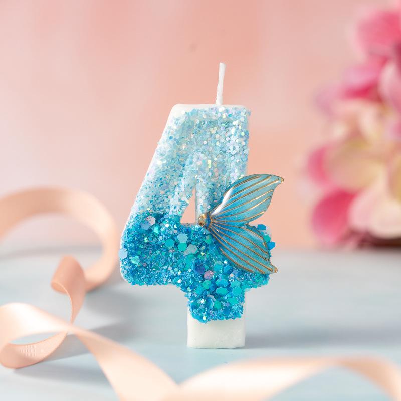 Creative Blue Gradient Mermaid Tail Number Candle for Children's Birthday Cake Party, Age One