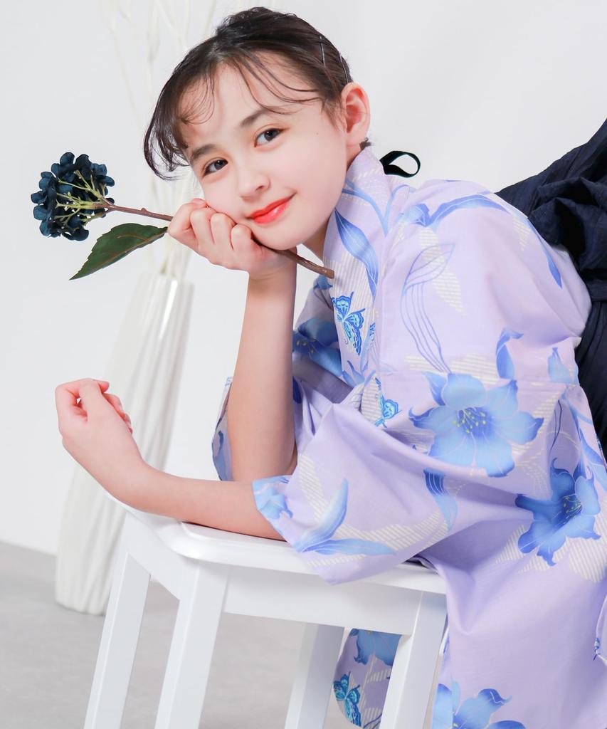 Yukata Two Change Set Heiko Junior Girls Butterfly [KYOETSU] Set, Yukata, Parts, Girls, Unbleached, Weave, 3-piece (Yukata, Obi, Geta), (6. Dream,