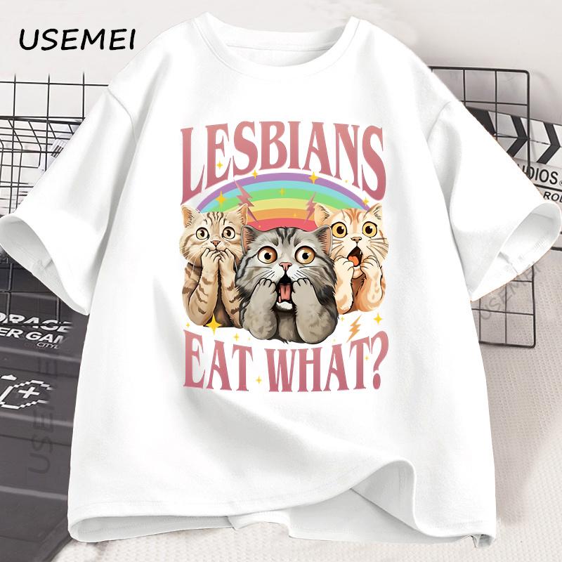 Retro LGBT Eat What Cat Lesbian Pride T-shirt Funny Equal Rights Graphic Cat Tees Unisex Short Sleeve Cotton Tshirt Clothing