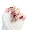 10pcs/set New Year Red Cherry Color Wear Nail Pure Handmade Light Therapy Nail Patch Champagne Diamond Light Luxury Flash False Nails
