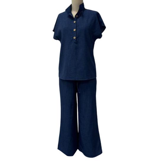 Yousheng Women Cotton Linen 2 Piece Sets Short Sleeve Button Up V Neck And Long Pants Summer Lounge Outfits with Pockets